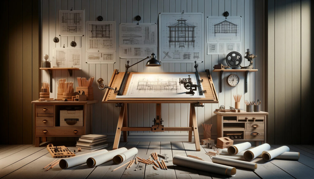 The-scene-is-centered-on-the-planning-stage-of-woodworking-with-rolled-up-blueprints-open