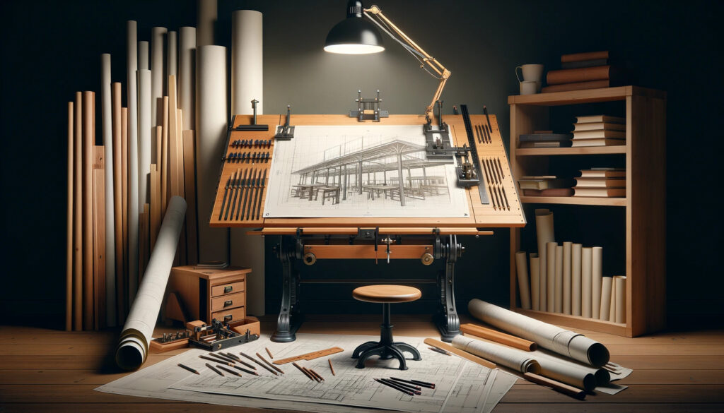 The-scene-is-centered-on-the-planning-stage-of-woodworking-with-rolled-up-blueprints-open