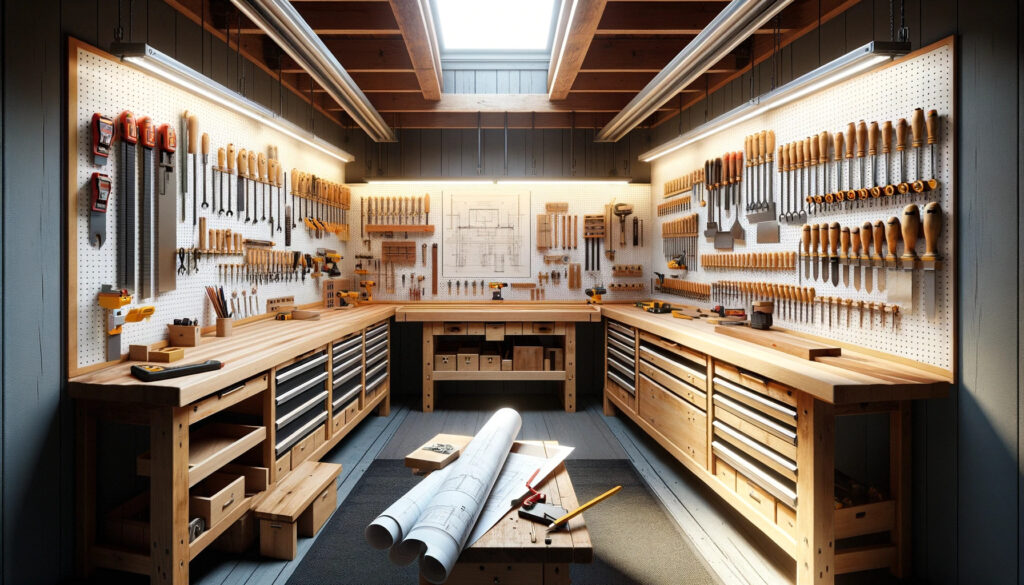 A-wide-high-resolution-image-of-The-Neatniks-Nest.-This-workshop-is-the-epitome-of-organization-for-woodworking-enthusiasts.-It-features-a-spotles