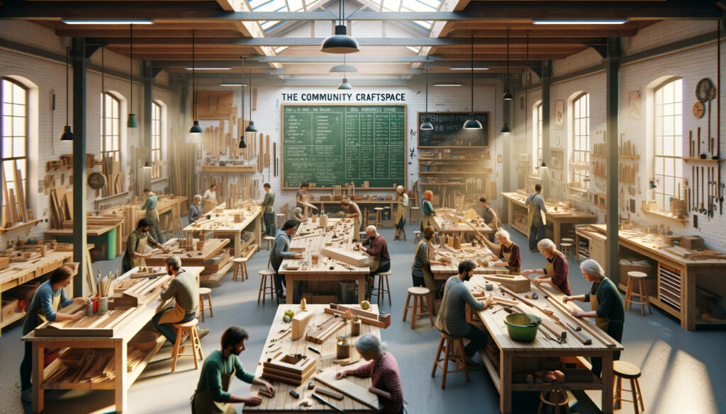 wide-high-resolution-image-of-The-Community-Craftspace.-The-scene-is-alive-with-the-bustle-of-a-shared-woodworking-workshop.-The-space-is-filled