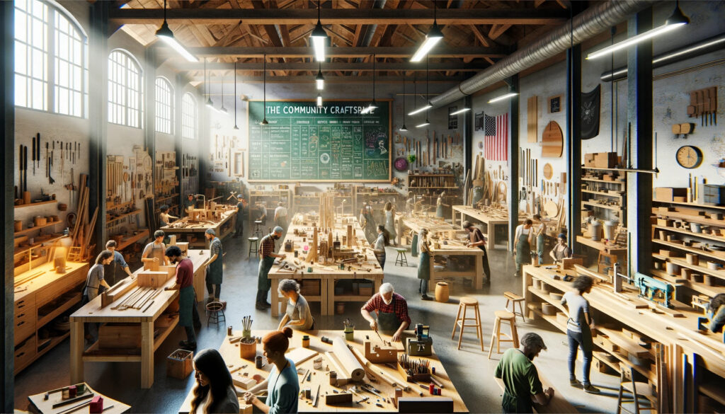 wide-high-resolution-image-of-The-Community-Craftspace.-The-scene-is-alive-with-the-bustle-of-a-shared-woodworking-workshop.-The-space-is-filled