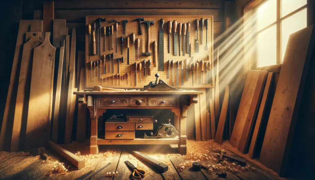 scene features a vintage, well-worn wooden workbench