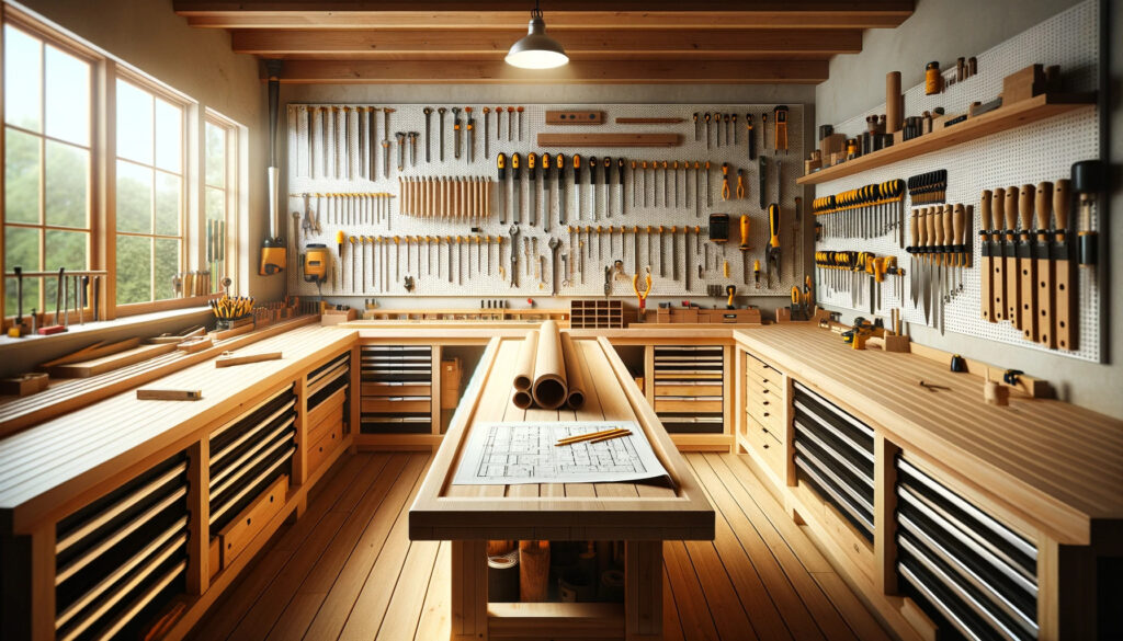 A-wide-high-resolution-image-of-The-Neatniks-Nest.-This-workshop-is-the-epitome-of-organization-for-woodworking-enthusiasts.-It-features-a-spotles