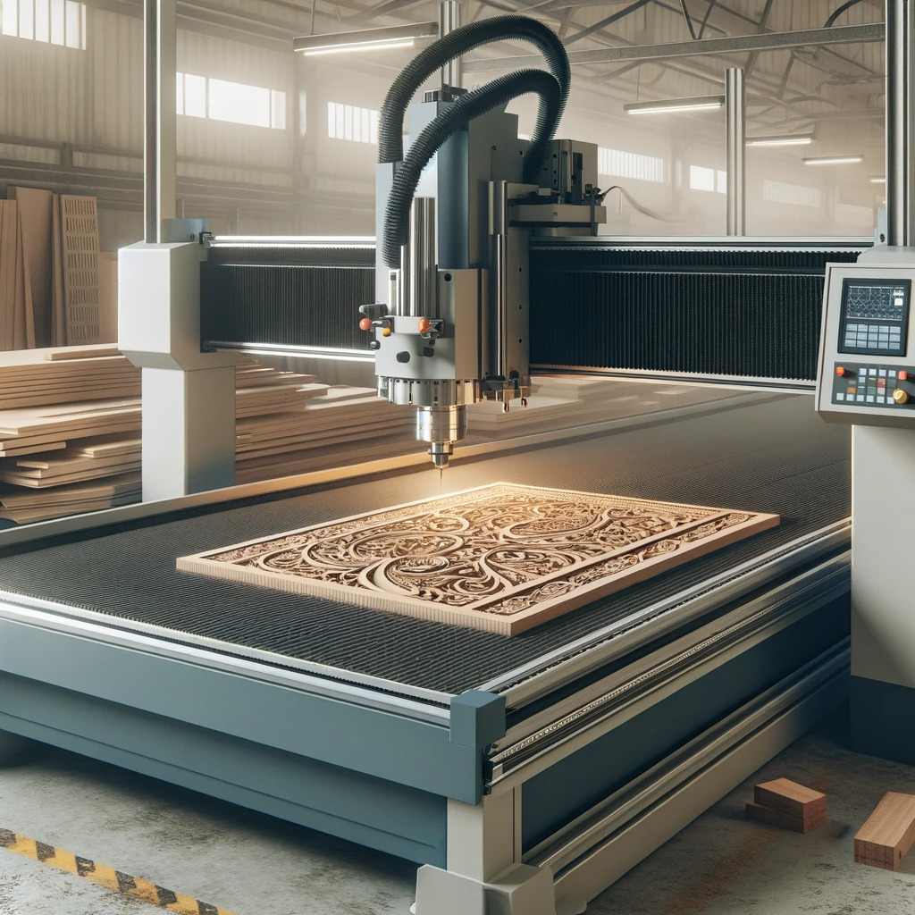 An-image-of-a-CNC-router-machine-in-an-industrial-setting.-The-CNC-machine-is-large-with-a-robust-metallic-frame-and-a-sophisticated-control