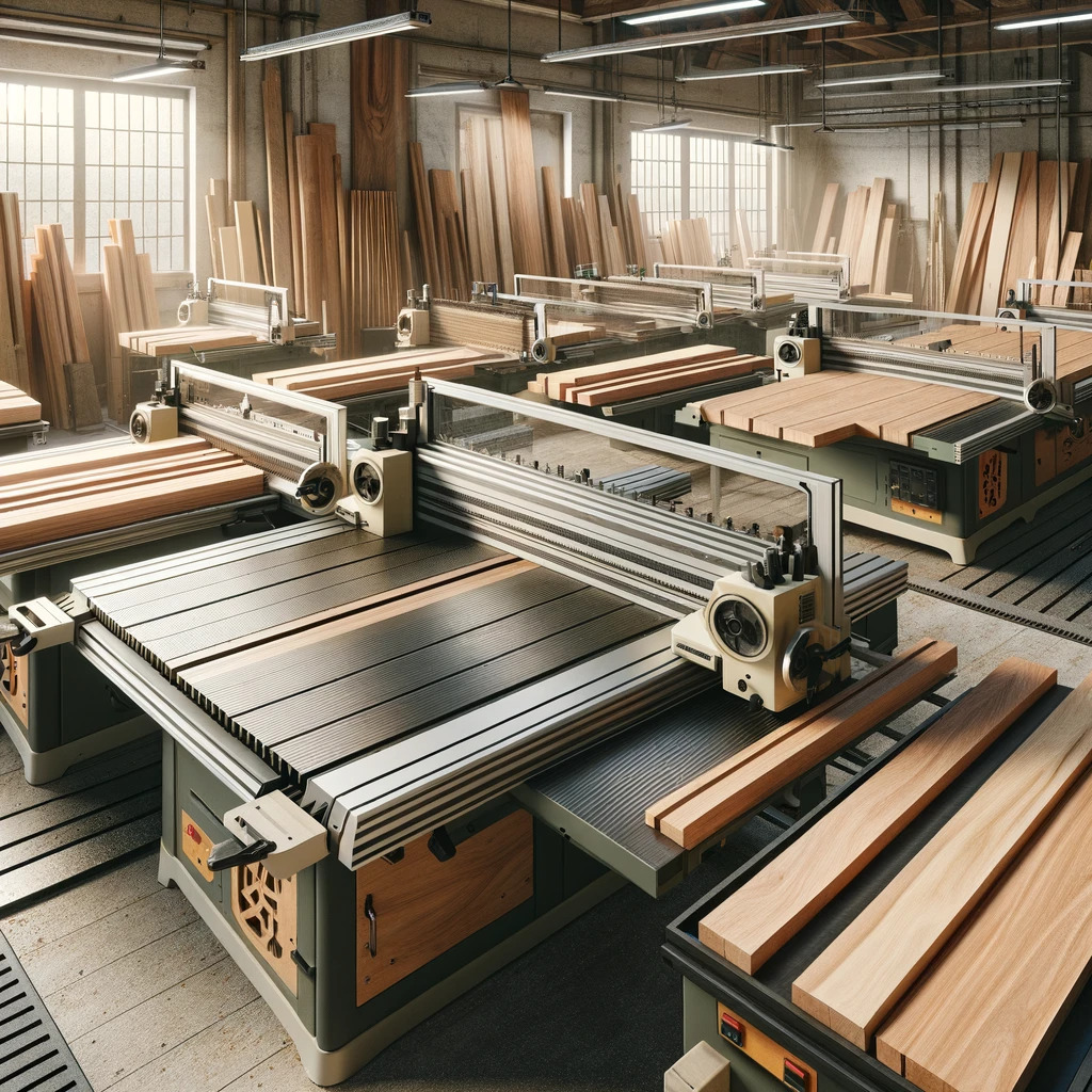 An-image-depicting-a-variety-of-crosscut-stations-and-sleds-in-a-woodworking-shop.-The-crosscut-stations-are-equipped-with-large-circular-saw-blades