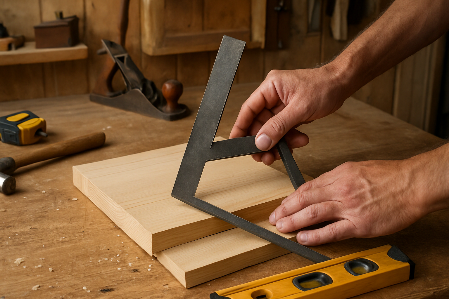 Illustrative woodworking scene for How to Build Square When Your Workshop Floor Is Not Level