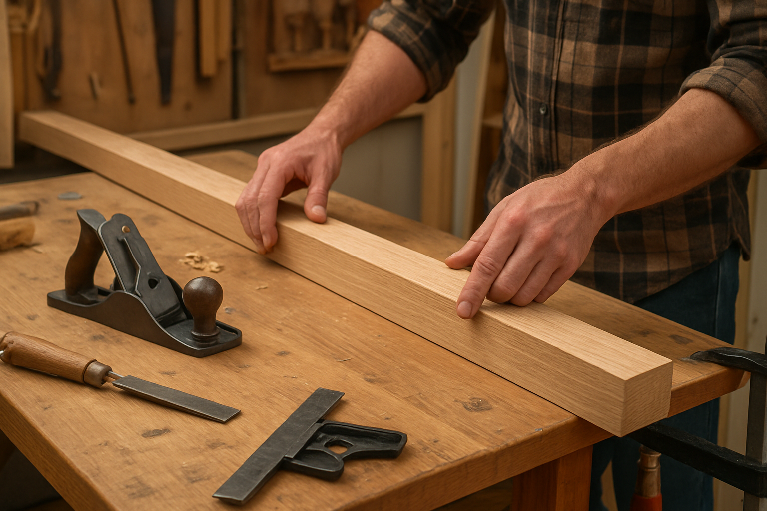 Illustrative woodworking scene for How to Check a Board for Cup, Bow, Twist, and Crook
