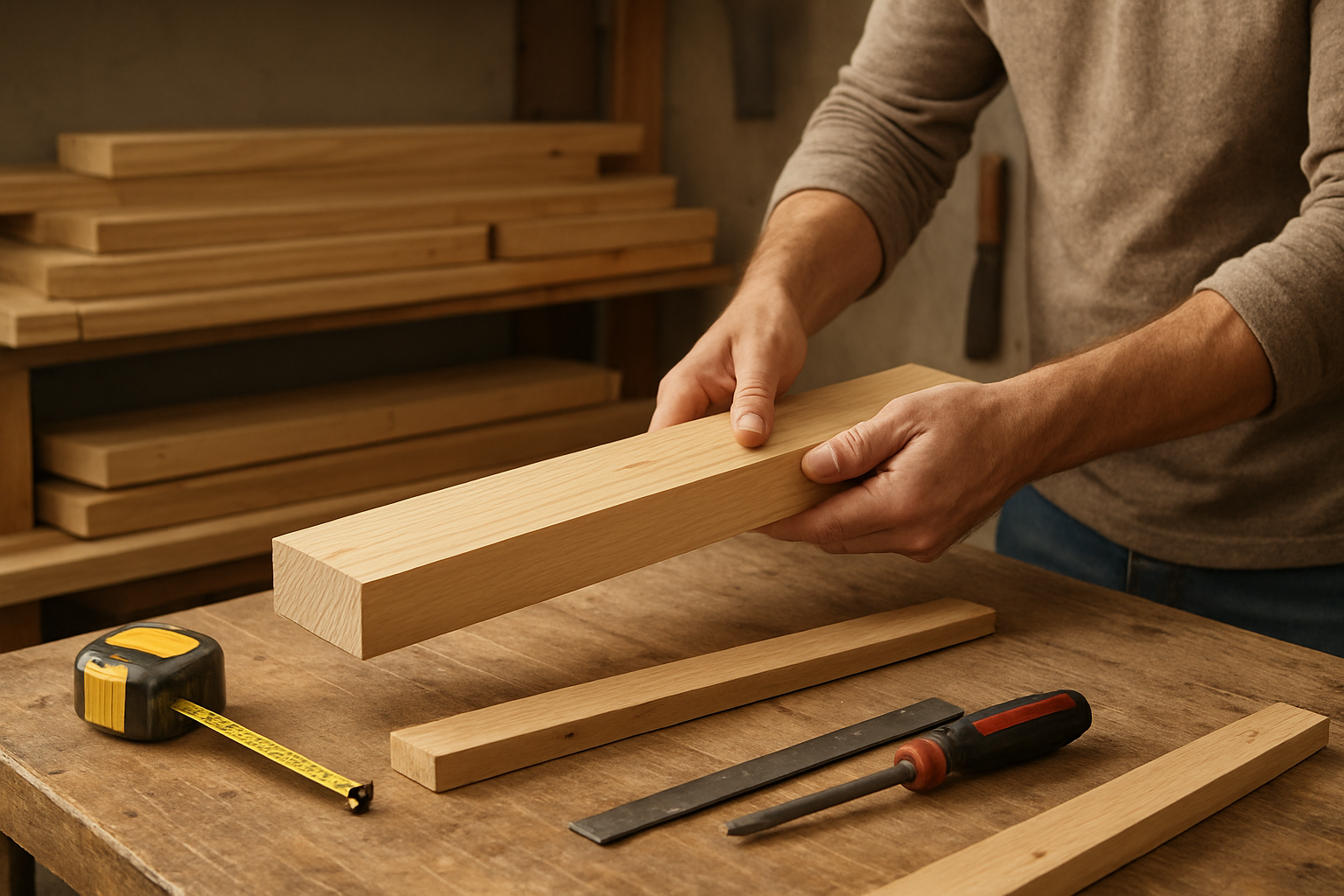 Illustrative woodworking scene for How to Pick Lumber at a Home Center for Straight, Stable Projects