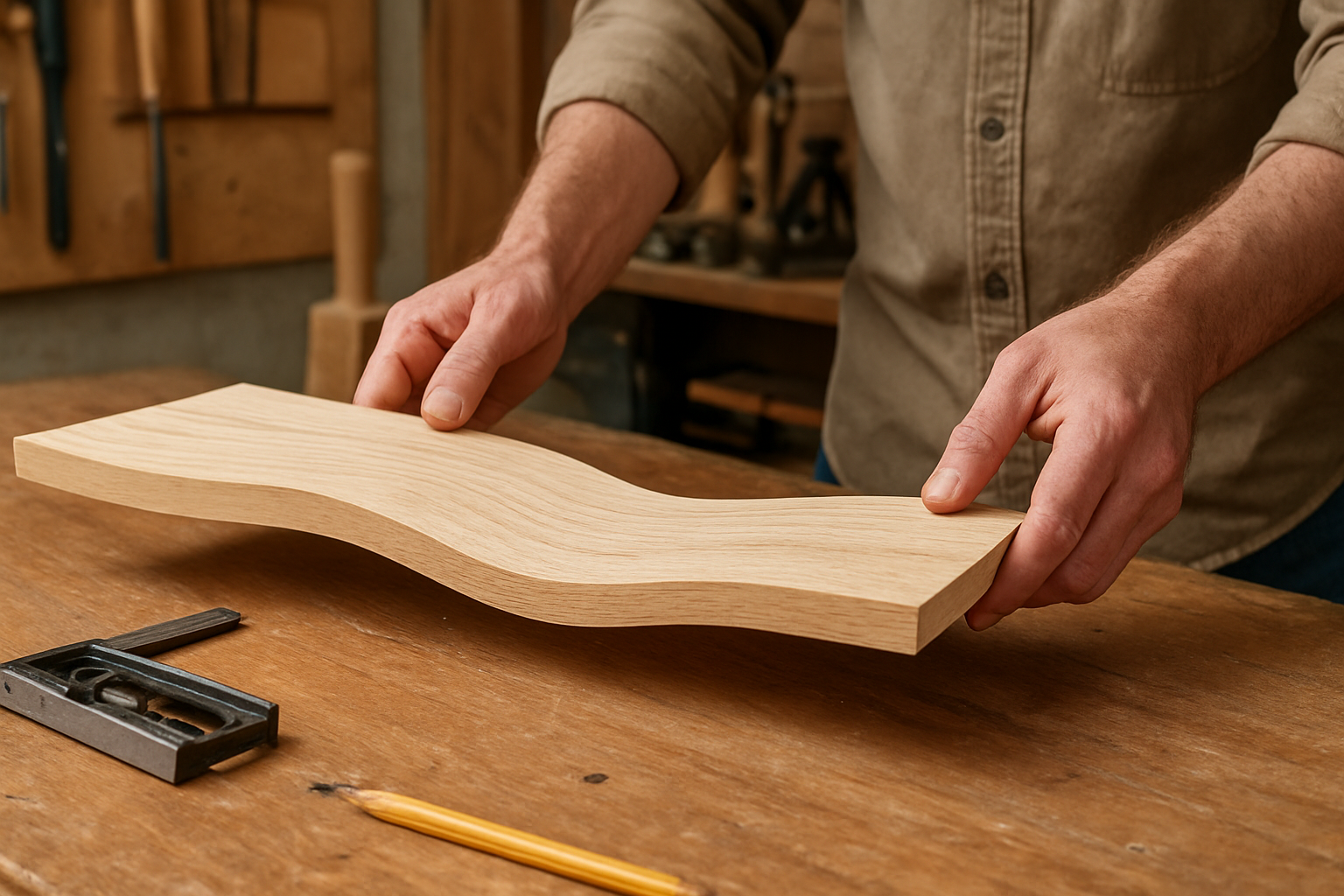 Illustrative woodworking scene for How to Tell When a Board Is Too Warped to Use