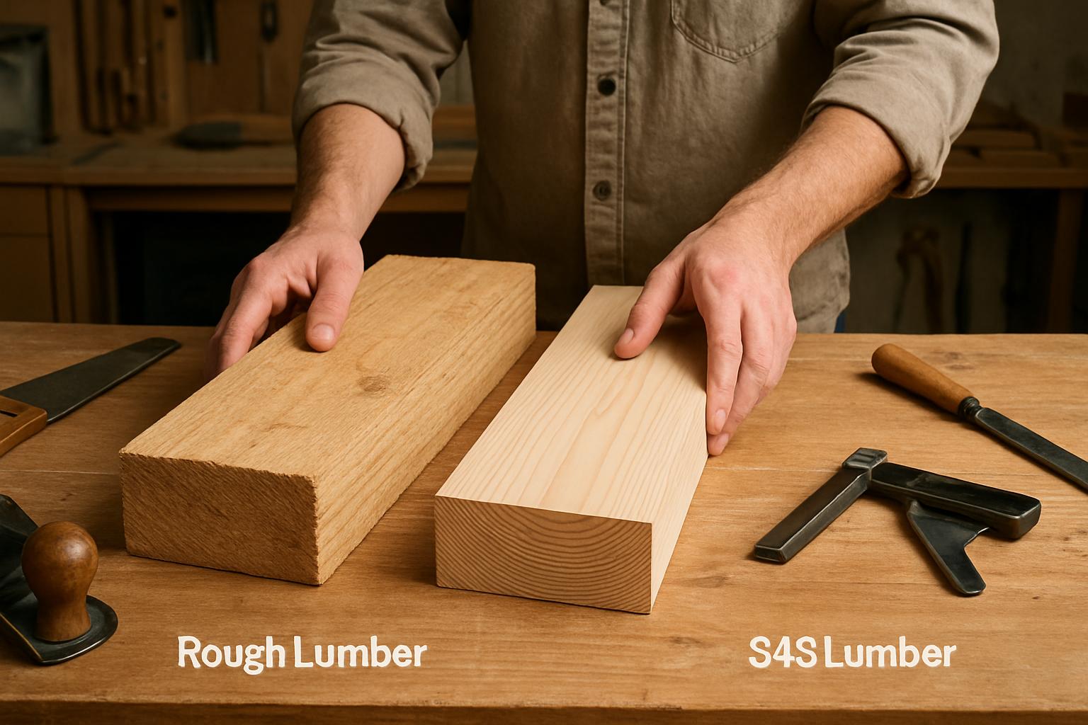 Illustrative woodworking scene for Rough Lumber vs S4S Lumber: Which Is Better for Beginners?