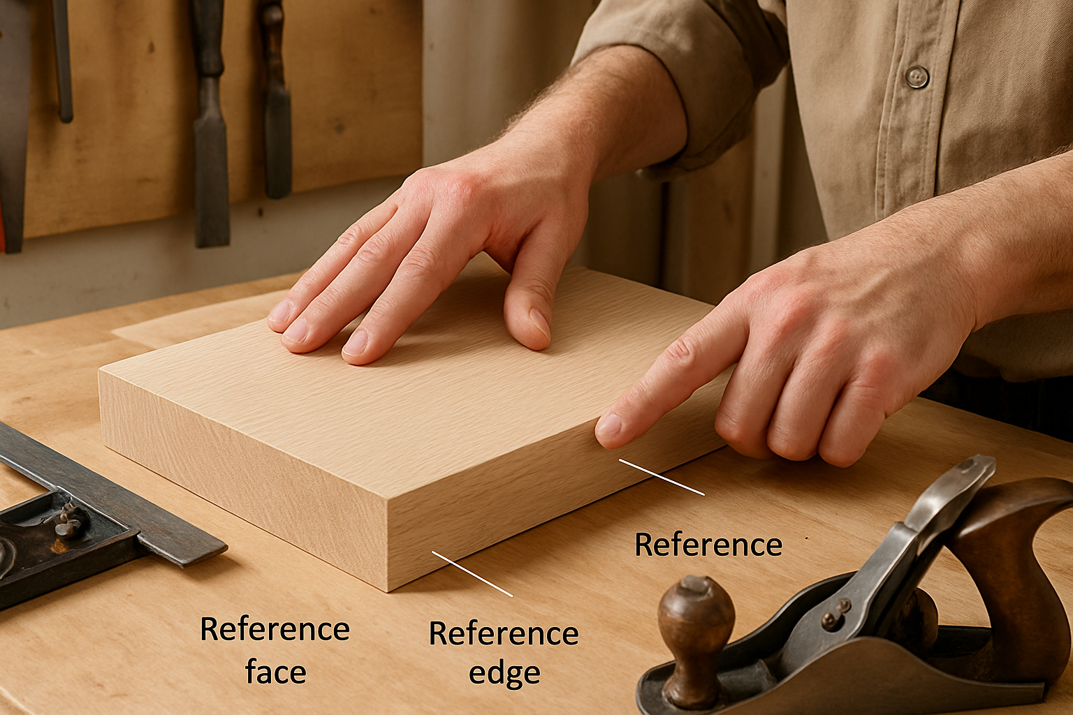 Illustrative woodworking scene for Woodworking Reference Face and Reference Edge Explained